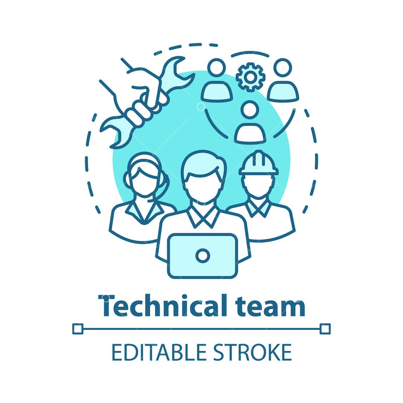 Technical team concept icon. Company staff, workforce idea thin line illustration. Software engineers and client service workers. Technical personnel. Vector isolated outline drawing. Editable stroke